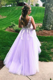 Appliques A Line Lilac Tulle  V Neck Evening Formal Gowns Long Prom Dresses