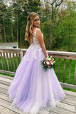 Appliques A Line Lilac Tulle  V Neck Evening Formal Gowns Long Prom Dresses