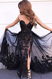 Sweetheart Appliques Evening Dresses Black Lace Sequins Long Prom Dress With Slit