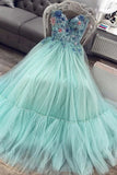 Sweetheart Tulle A Line Mint Green Long Prom Dresses with Appliques