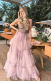 Spaghetti Straps Formal Party Dress A Line Pink Long Prom Dress
