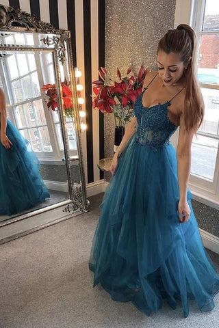 Appliques A Line Blue Tulle Lace  Formal Evening Dress Long Prom Dress