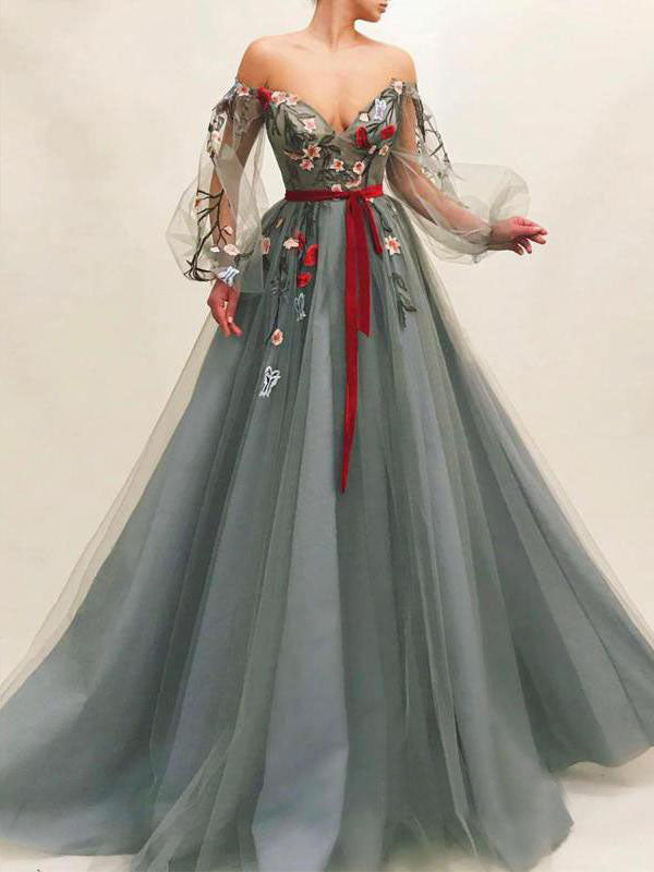 Long Sleeves A Line Off The Shoulder Tulle Long Prom Dresses With Flowers