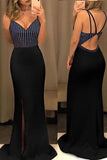 Evening Dress Beaded Spaghetti Straps Mermaid Long Prom Dress With Slit