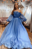 A Line Long Sleeves Strapless Formal Evening Dress Blue Organza Prom Dress