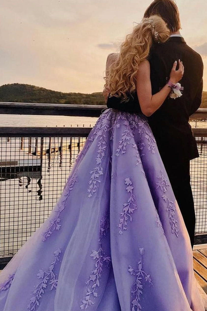Tulle Lavender Applique Formal Gown Long Evening Dresses Sweep Train Prom Dress