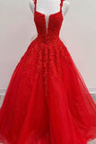 A Line Formal Evening Dress Red Tulle Lace Appliques Long Prom Dress