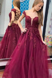 Formal Evening Dress A Line Tulle Burgundy Lace Appliques Long Prom Dress