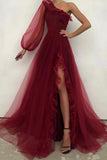 A Line Long Evening Dress Tulle Prom Dress Burgundy One Shoulder