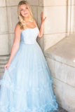 A Line Formal Evening Dresses  Sky Blue Tulle Princess Long Prom Dresses