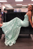 Mint Green Lace Evening Dresses Mermaid Spaghetti Straps Long Prom Dresses