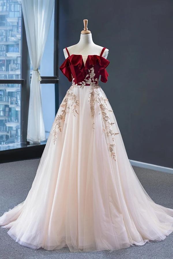 Appliques  Vintage Red Top Straps Tulle A Line Formal Dress Long Prom Dresses