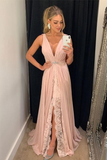A Line Chifon Formal Evening Dresses V Neck Pink Long Front Split Prom Dresses