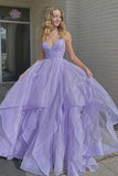 Tiered A Line Spaghetti Straps Princess Lavender Long Prom Dresses