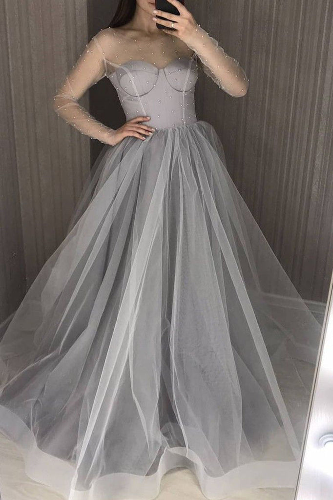 A-Line Pearls Tulle Long Sleeves Evening Dresses Grey Long Prom Dresses